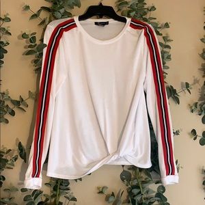 white long sleeve with red, black,& white stripes
